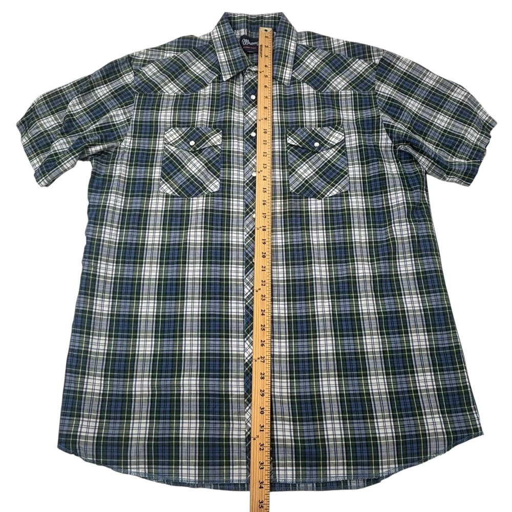 Wrangler Western Plaid Shirt Mens XL Long Tails 17.5 Short Sleeve Snap Front - Picture 9 of 12
